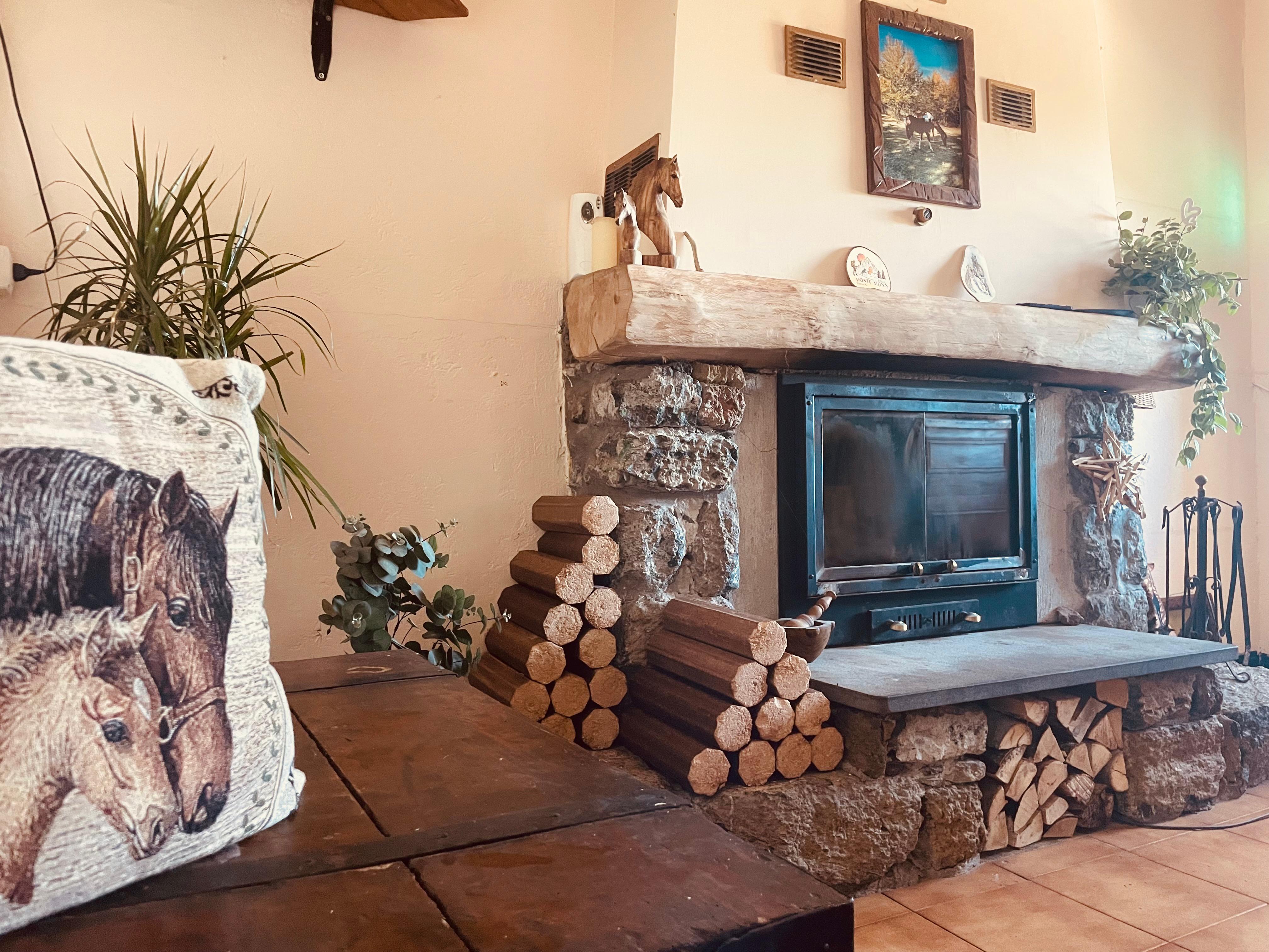 A fireplace with a stove built in, wood stacked to the side. 